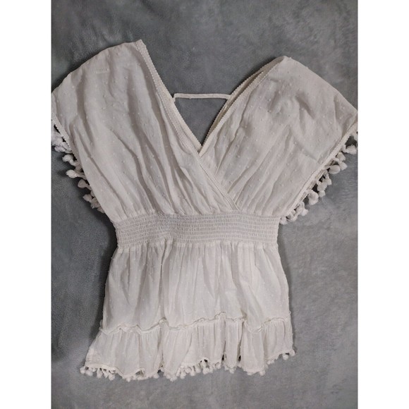White Boho Top Blouse Fringe Elastic Waist Beach Clothing Culture Kitch Sz L - Picture 3 of 9